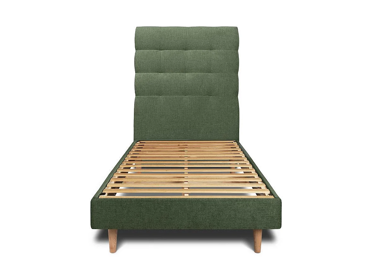 Lit 90x200cm avec tête de lit capitonnée tissu et sommier kit vert - Hauteur totale : 29cm
