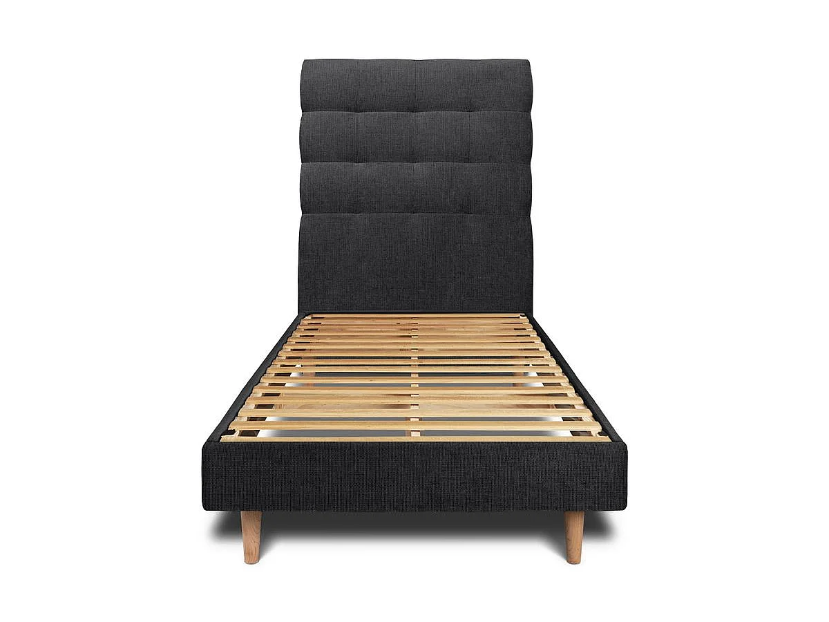 Lit 90x200cm avec tête de lit capitonnée tissu et sommier kit Noir - Hauteur totale : 29cm
