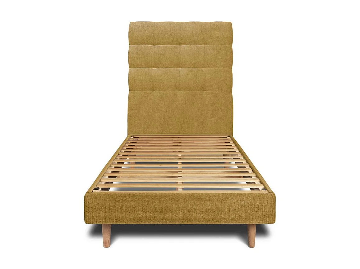 Lit 90x200cm avec tête de lit capitonnée tissu et sommier kit jaune - Hauteur totale : 29cm