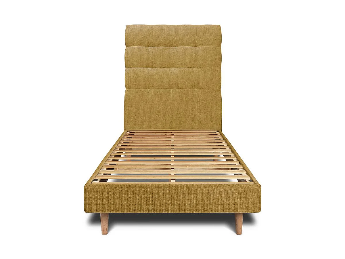 Lit 90x200cm avec tête de lit capitonnée tissu et sommier kit jaune - Hauteur totale : 29cm