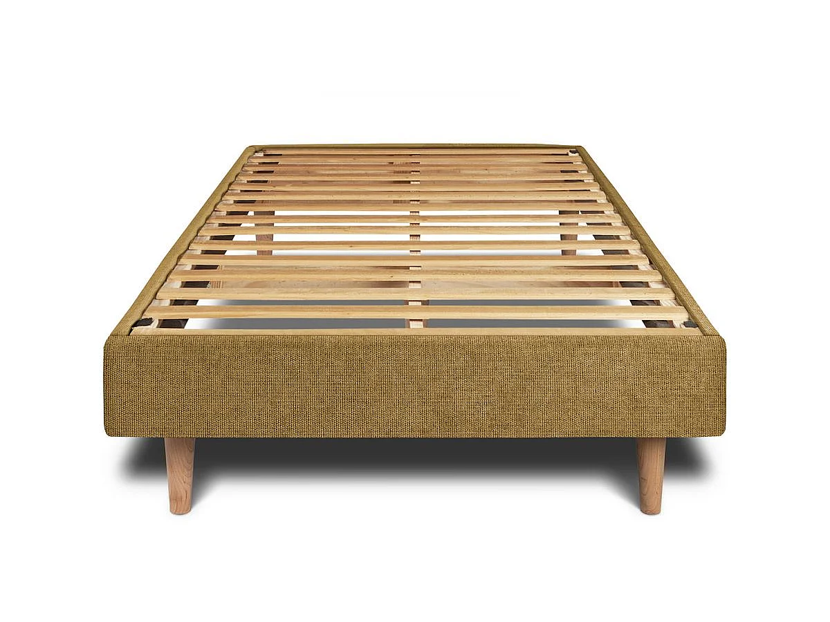 Lit 90x200cm avec tête de lit capitonnée tissu et sommier kit jaune - Hauteur totale : 29cm
