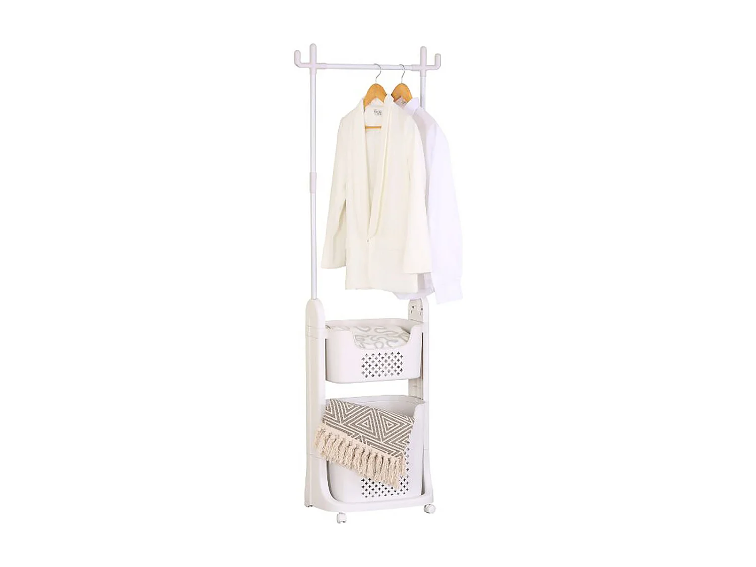 Portant à linge blanc avec barre de suspension et 2 paniers - Hauteur 177 x Longueur 42 x Profondeur 35 cm