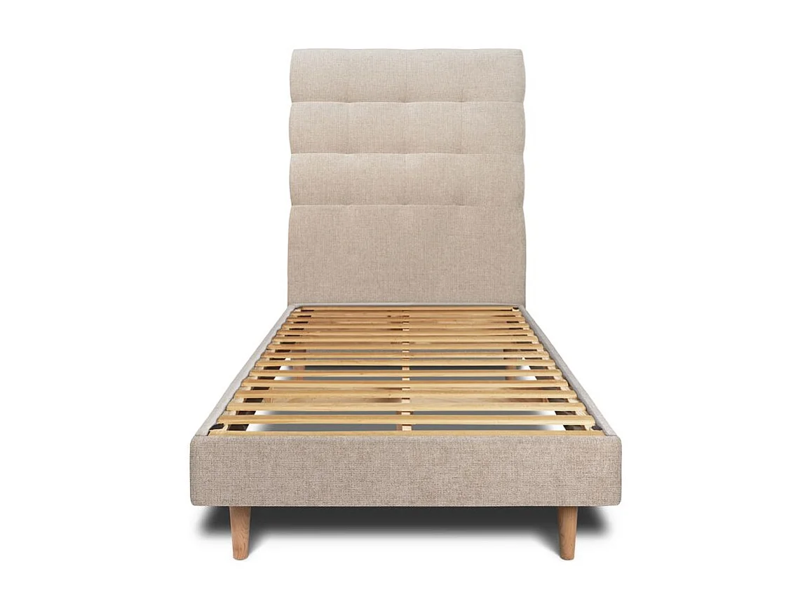 Lit 90x200cm avec tête de lit capitonnée tissu et sommier kit beige brun - Hauteur totale : 29cm