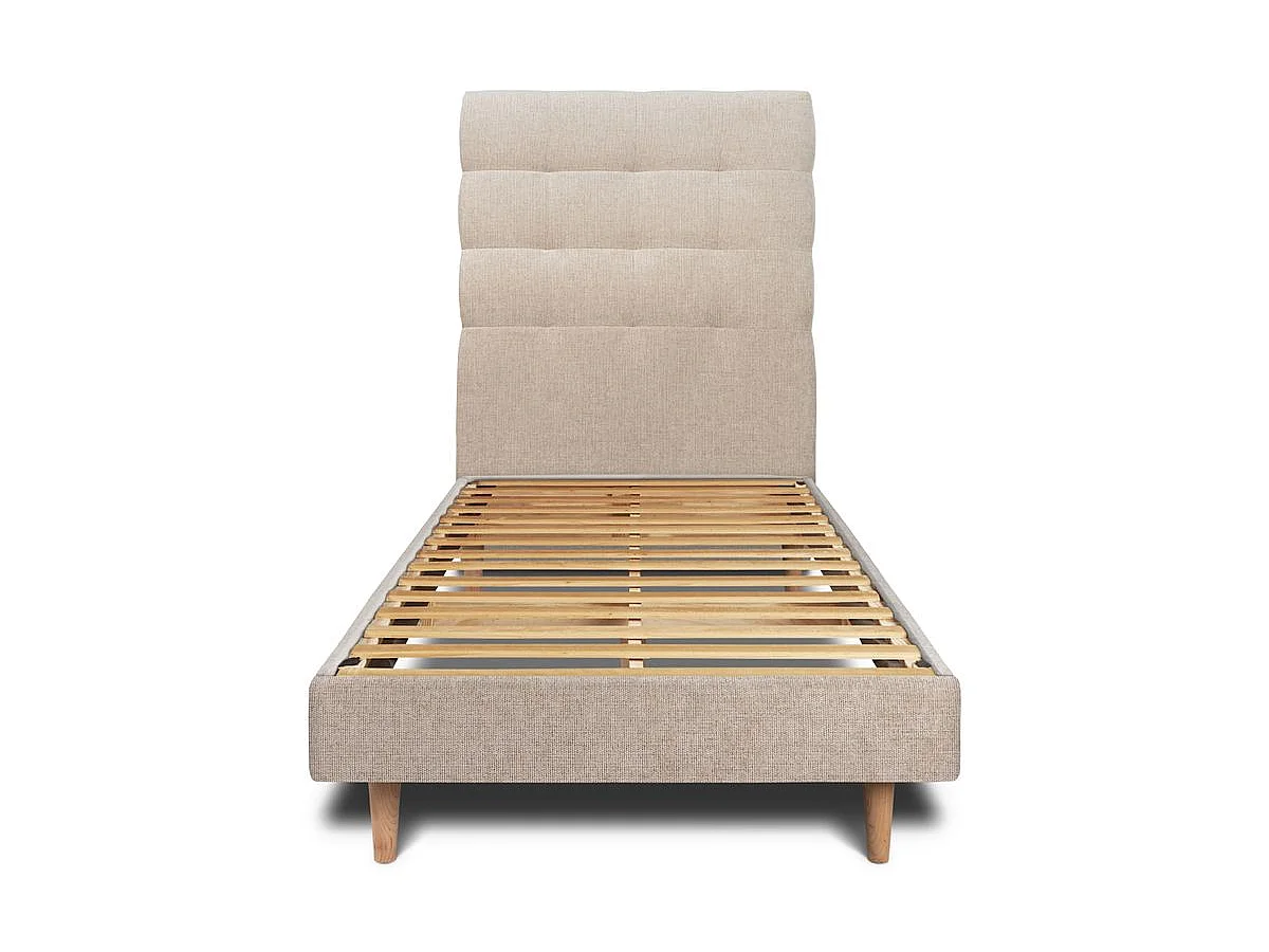 Lit 90x200cm avec tête de lit capitonnée tissu et sommier kit beige brun - Hauteur totale : 29cm
