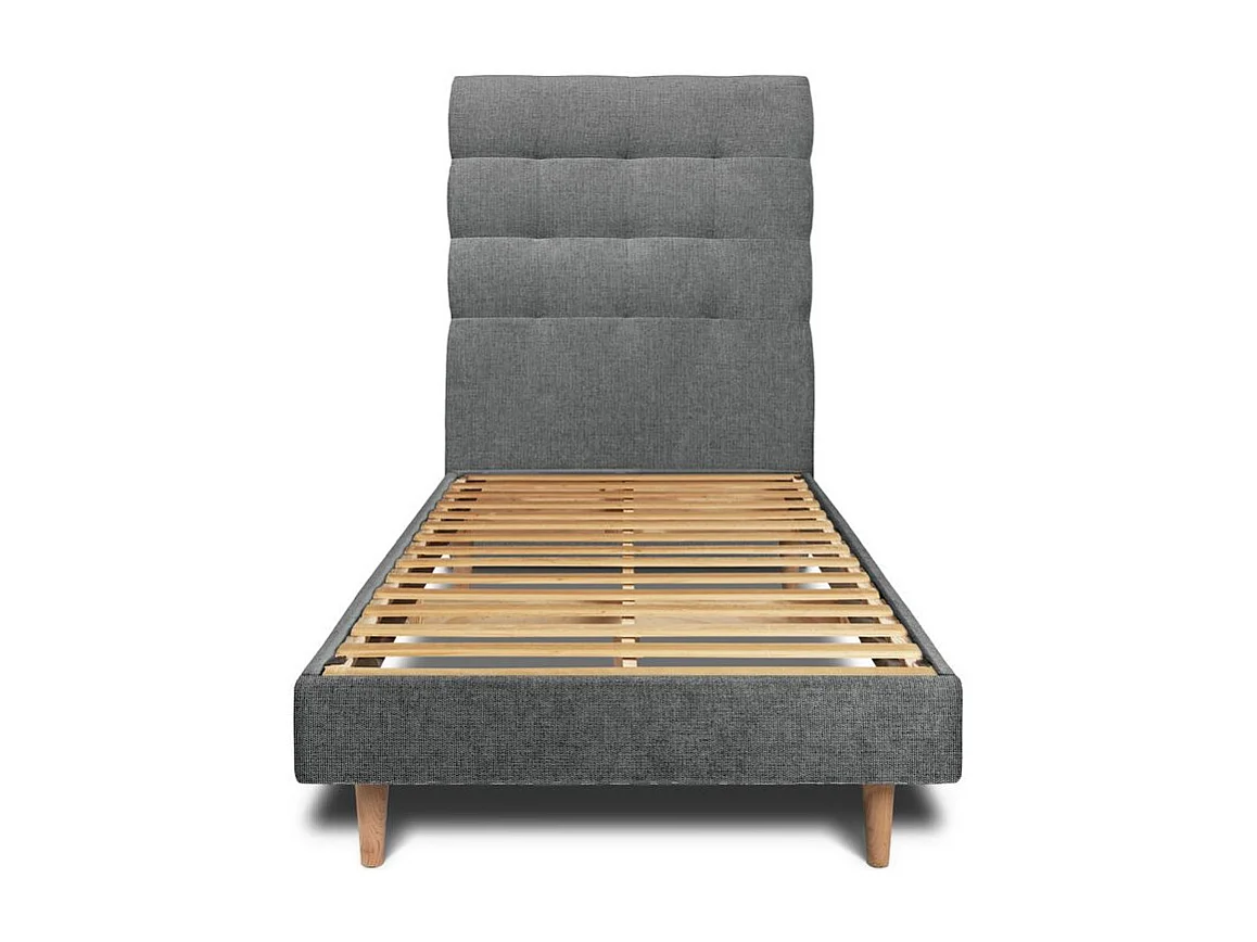 Lit 90x200cm avec tête de lit capitonnée tissu et sommier kit gris anthracite - Hauteur totale : 29cm