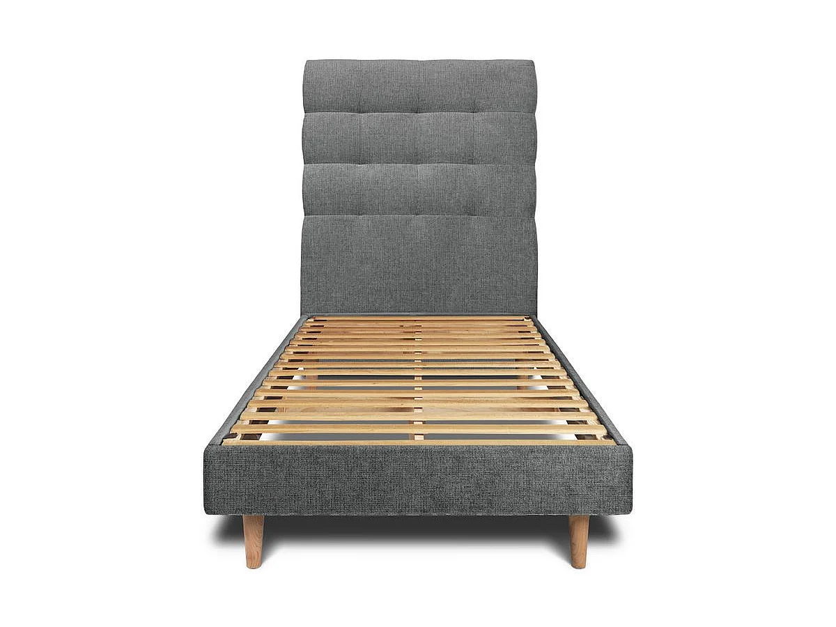 Lit 90x200cm avec tête de lit capitonnée tissu et sommier kit gris anthracite - Hauteur totale : 29cm