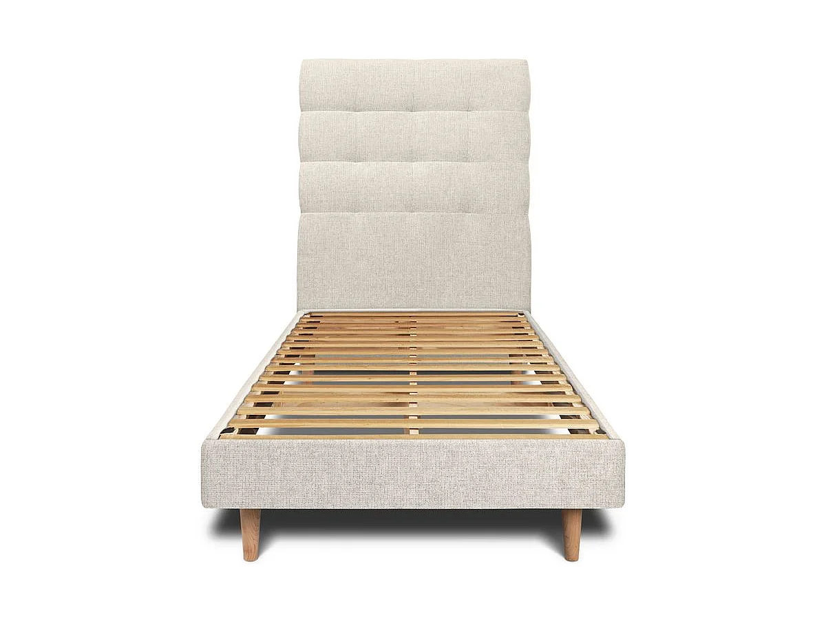 Lit 90x200cm avec tête de lit capitonnée tissu et sommier kit Beige clair - Hauteur totale : 29cm