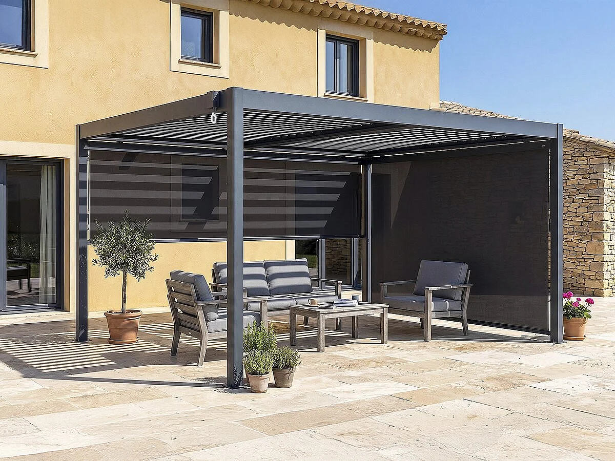 Pergola bioclimatica con 2 tende in alluminio "Windsor" - 3 x 4 m - Grigio