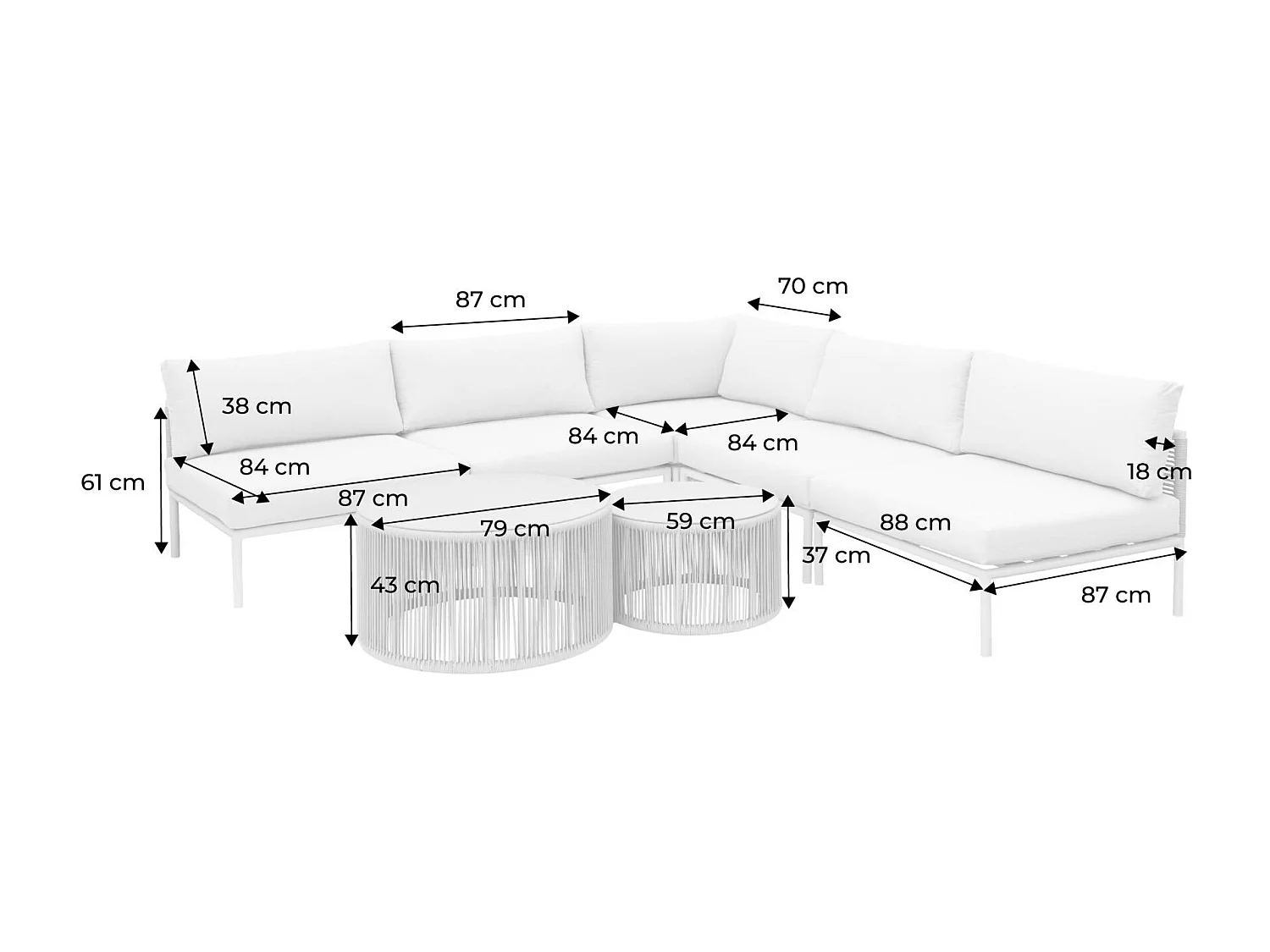 Salotto da giardino modulare in alluminio e corde, 5 posti, beige