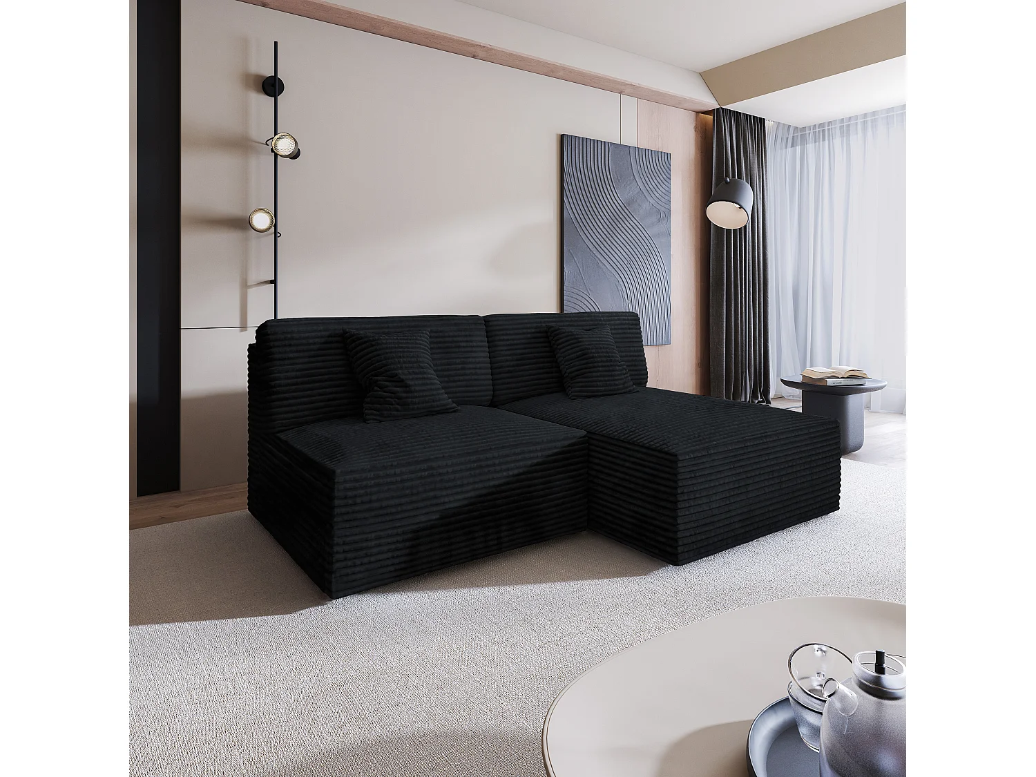 Canapé d'angle FIORO Noir en velours côtelé avec fonction de couchage