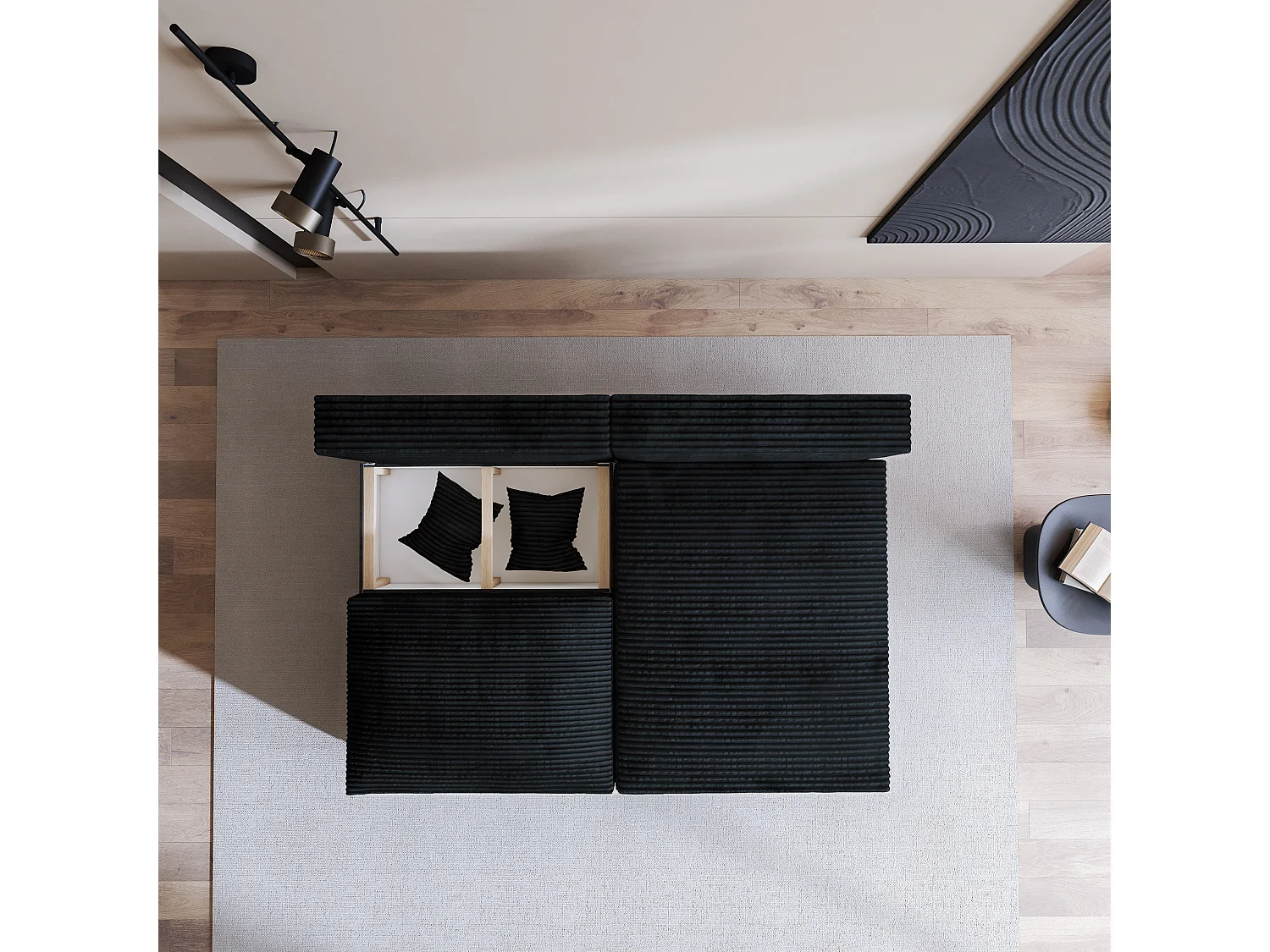 Canapé d'angle FIORO Noir en velours côtelé avec fonction de couchage