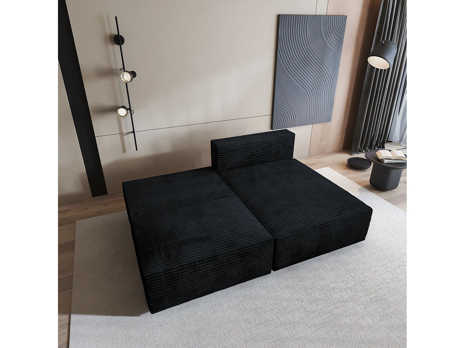 Canapé d'angle FIORO Noir en velours côtelé avec fonction de couchage