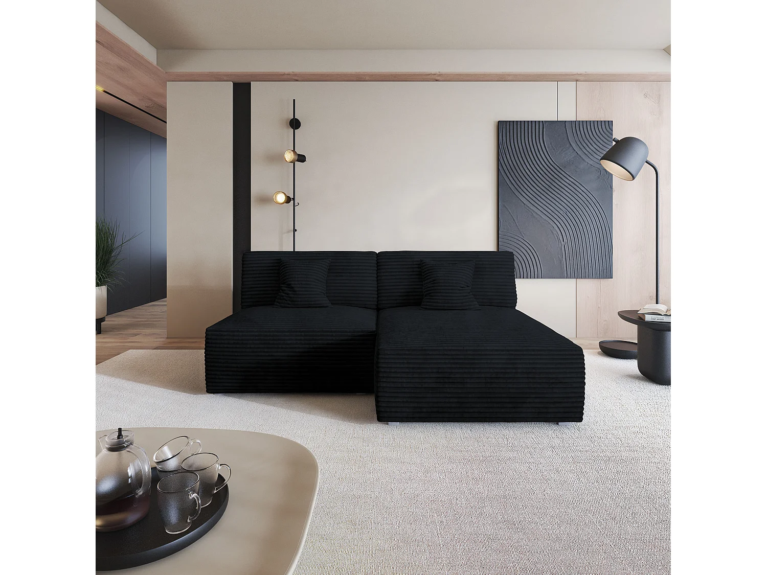 Canapé d'angle FIORO Noir en velours côtelé avec fonction de couchage