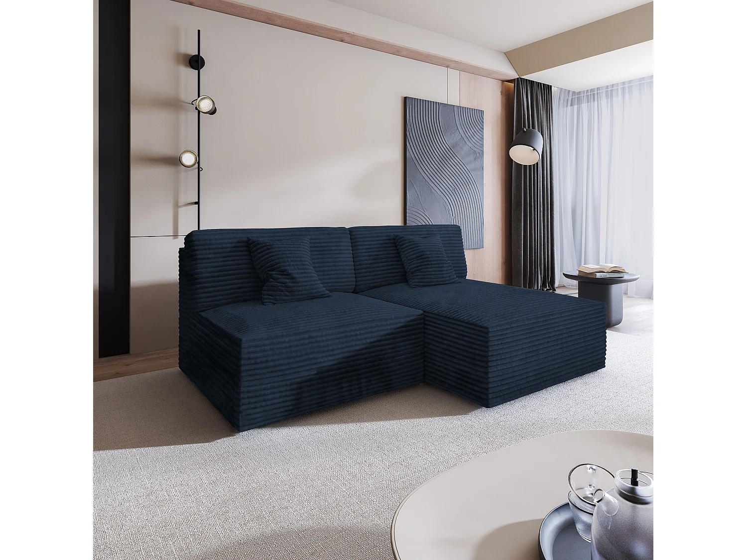 Canapé d'angle FIORO Bleu en velours côtelé avec fonction de couchage