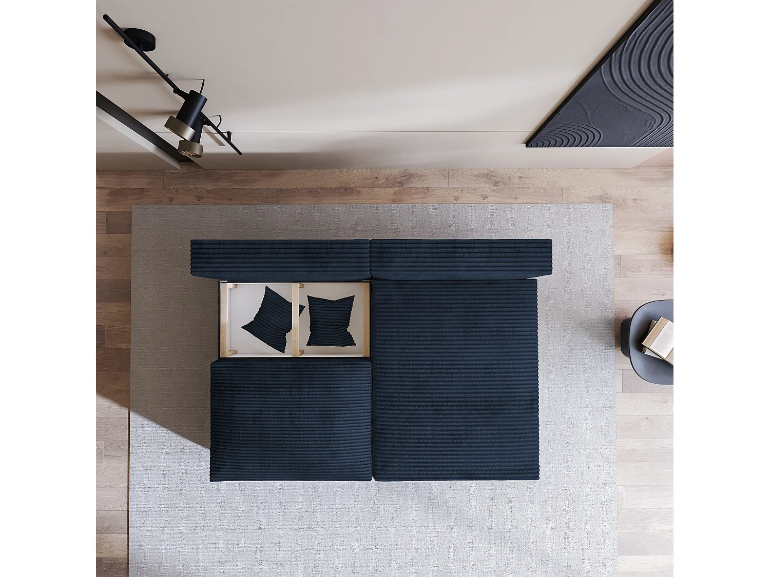 Canapé d'angle FIORO Bleu en velours côtelé avec fonction de couchage