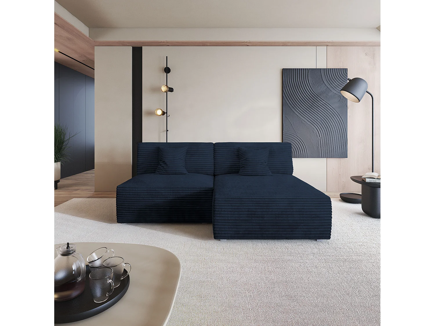 Canapé d'angle FIORO Bleu en velours côtelé avec fonction de couchage