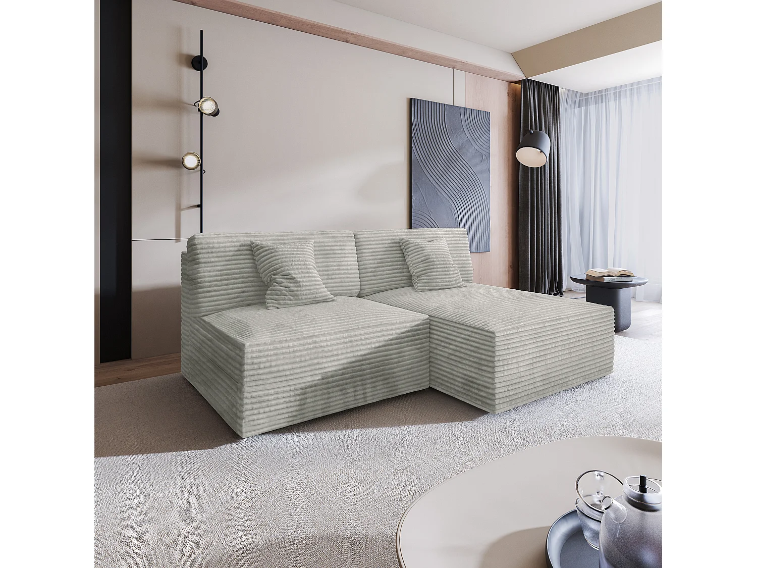 Canapé d'angle FIORO Gris clair en velours côtelé avec fonction de couchage