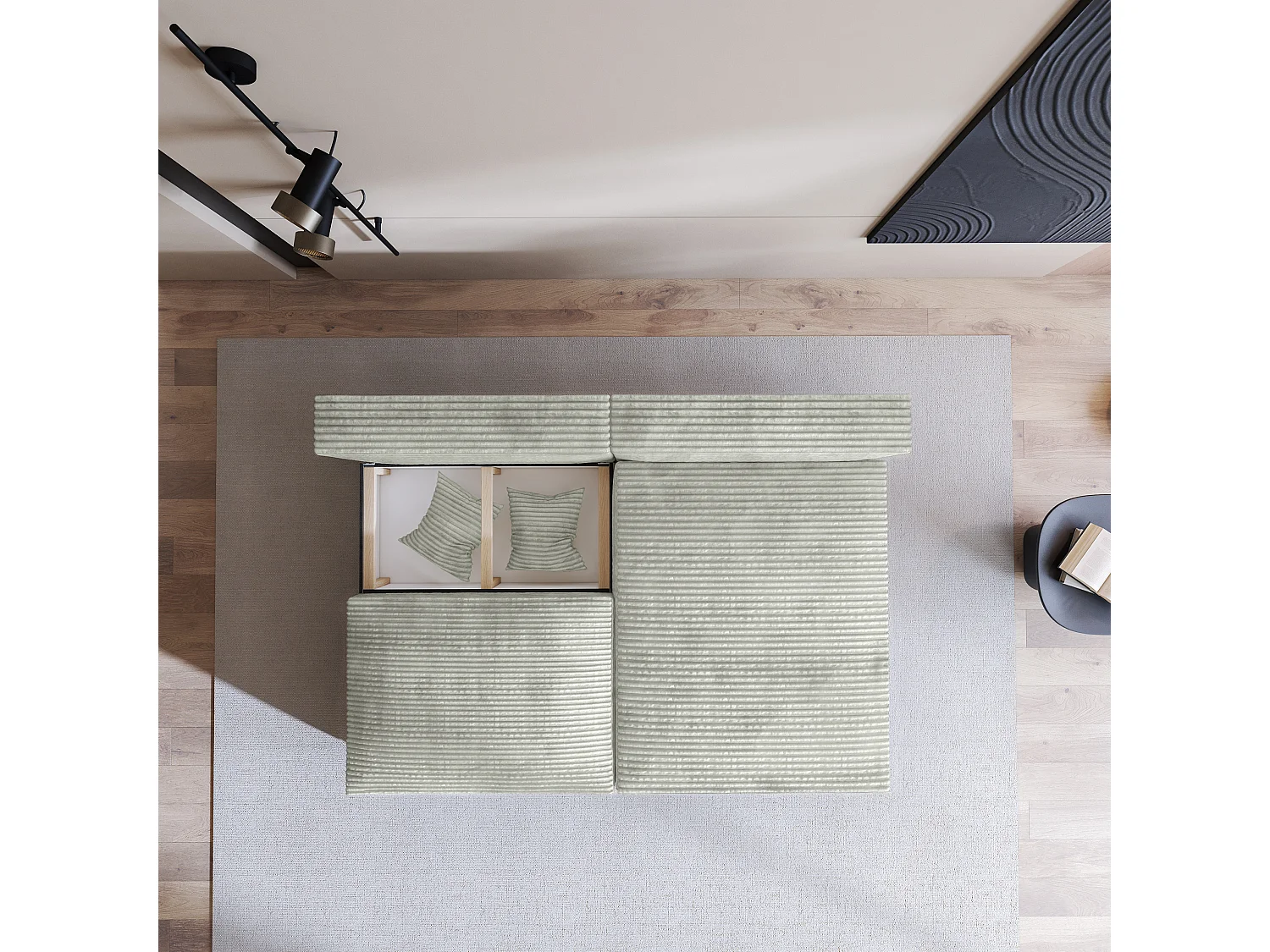 Canapé d'angle FIORO Gris clair en velours côtelé avec fonction de couchage