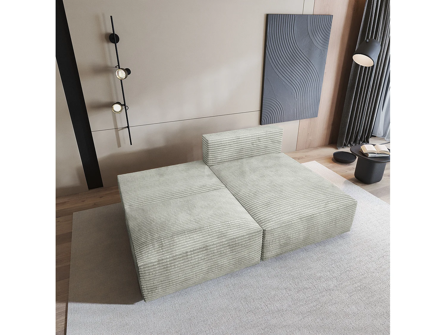 Canapé d'angle FIORO Gris clair en velours côtelé avec fonction de couchage
