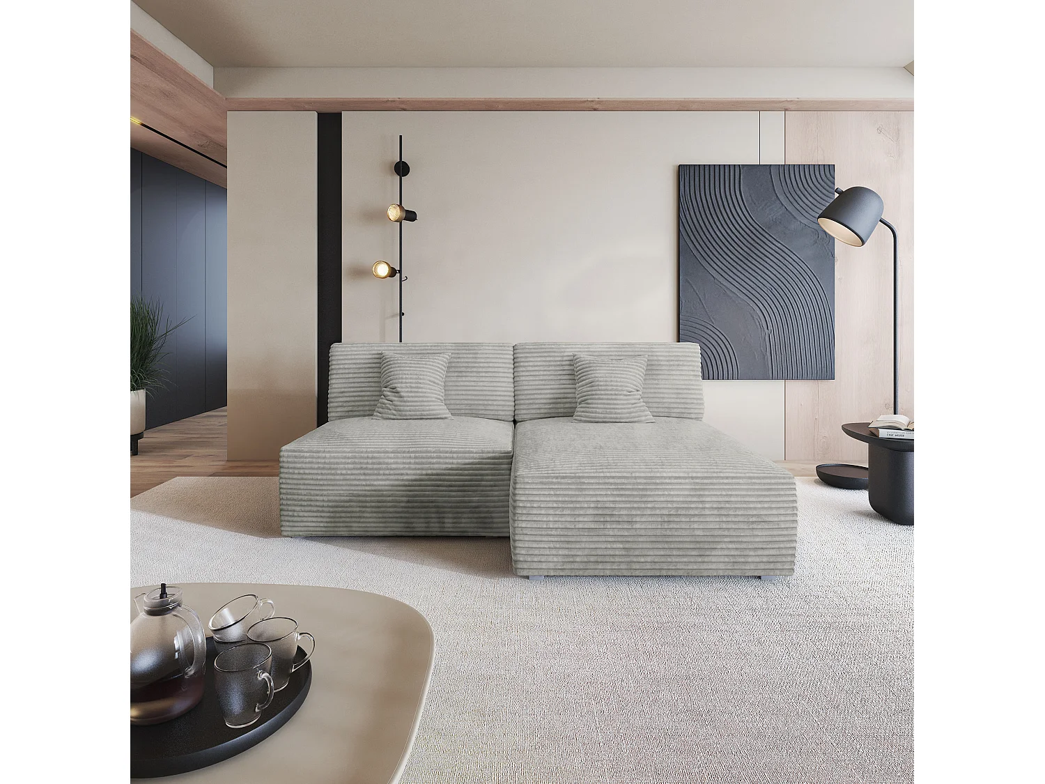 Canapé d'angle FIORO Gris clair en velours côtelé avec fonction de couchage