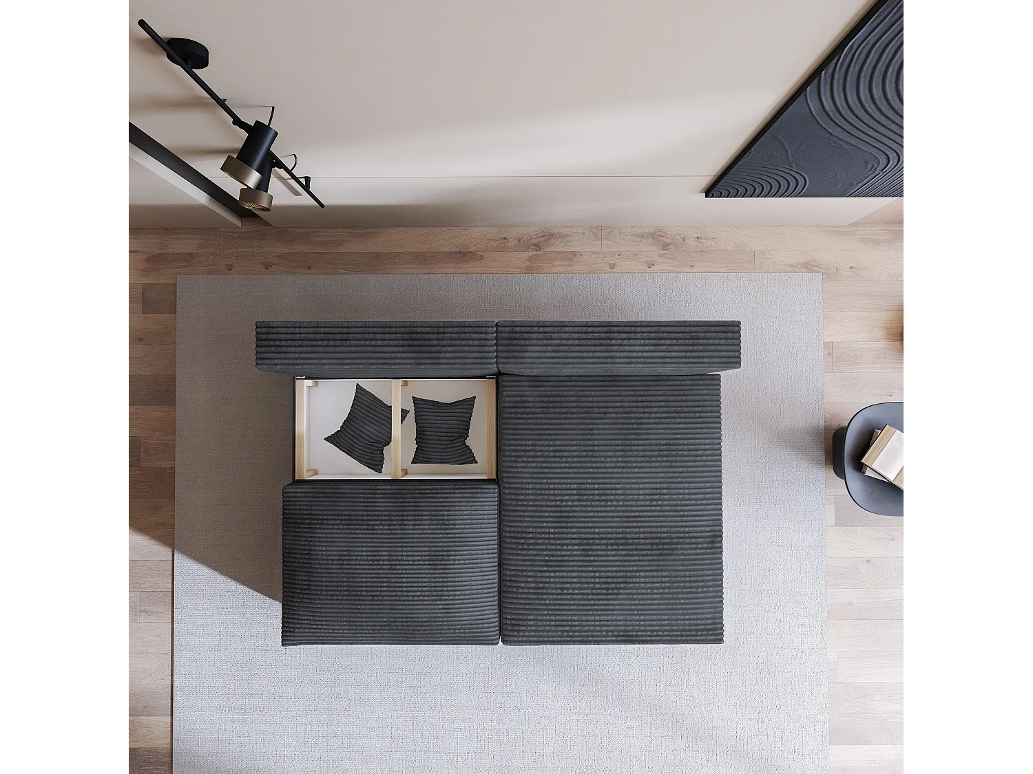 Canapé d'angle FIORO Gris en velours côtelé avec fonction de couchage