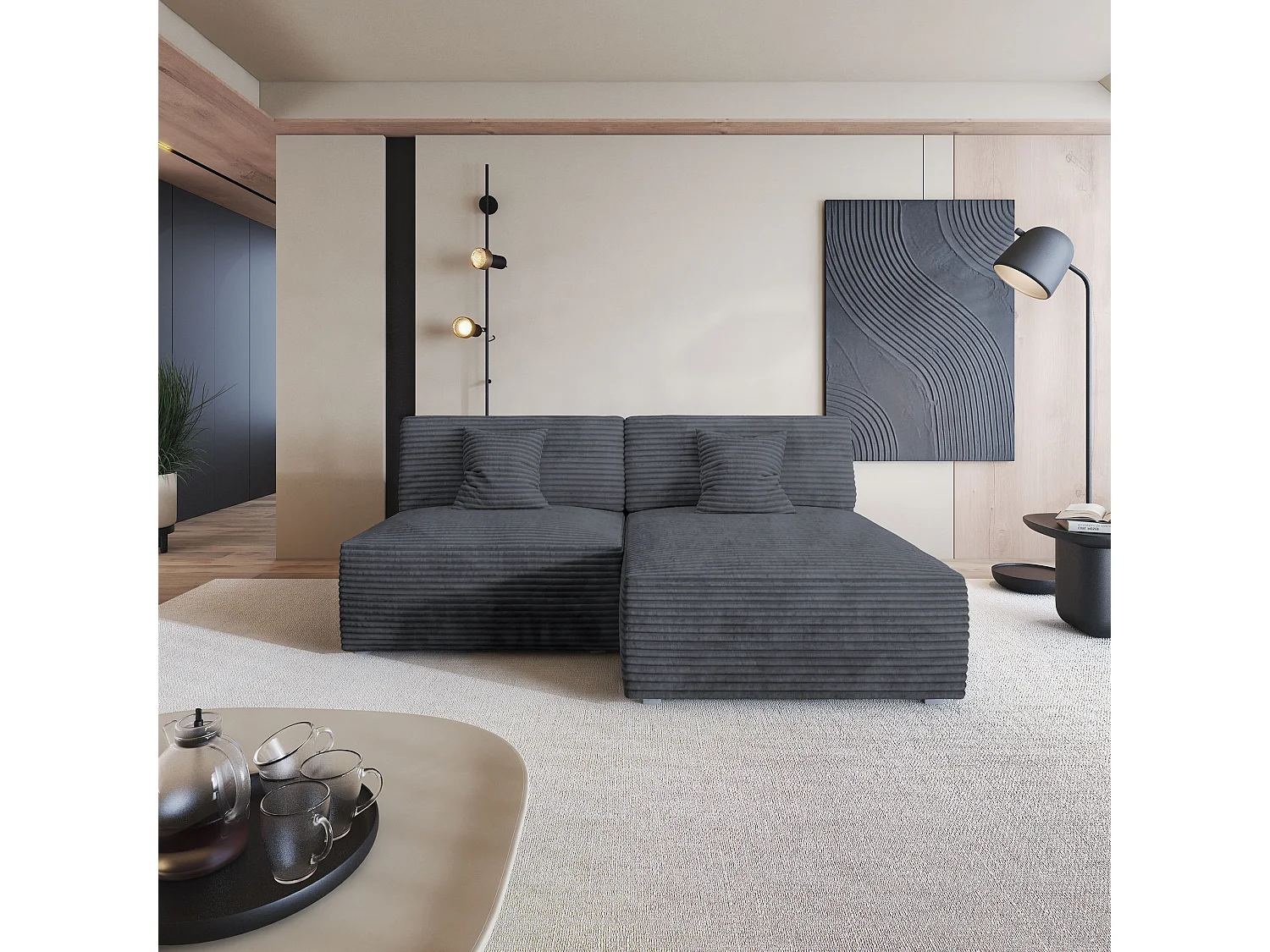 Canapé d'angle FIORO Gris en velours côtelé avec fonction de couchage