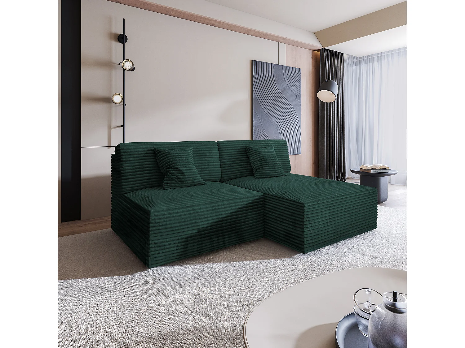 Canapé d'angle FIORO Vert Sapin en velours côtelé avec fonction de couchage
