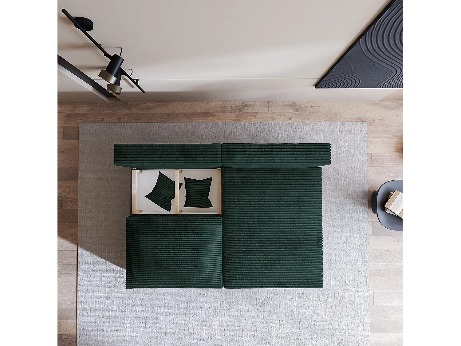 Canapé d'angle FIORO Vert Sapin en velours côtelé avec fonction de couchage