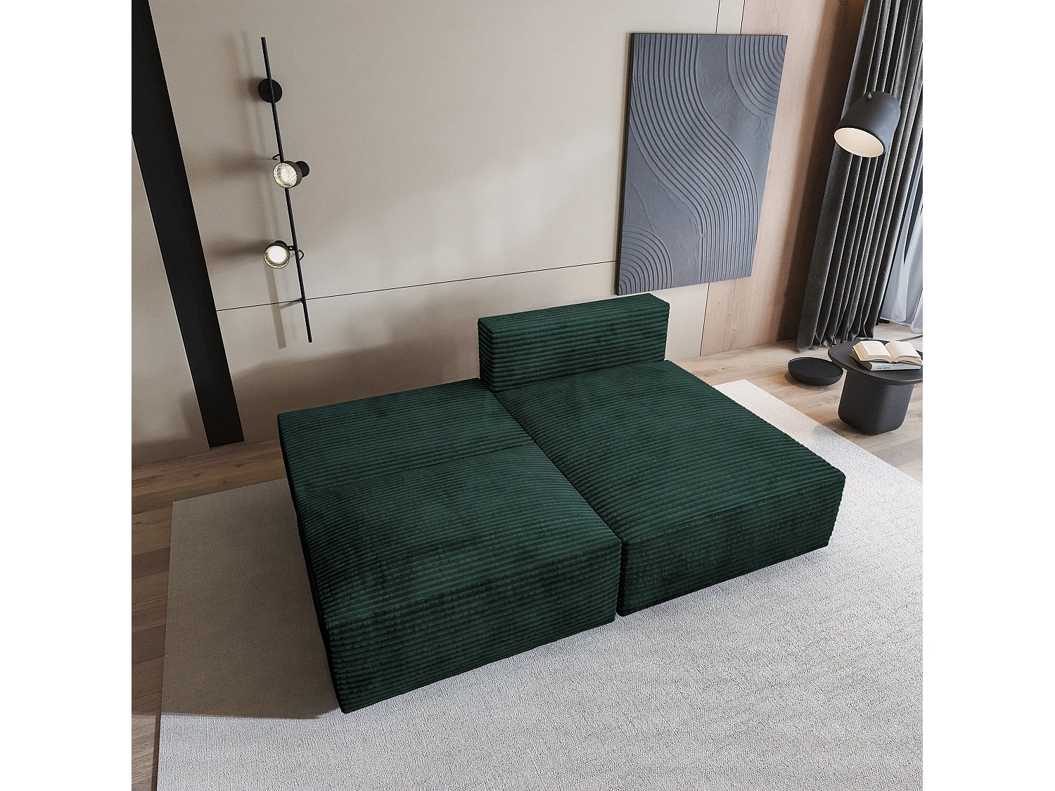 Canapé d'angle FIORO Vert Sapin en velours côtelé avec fonction de couchage