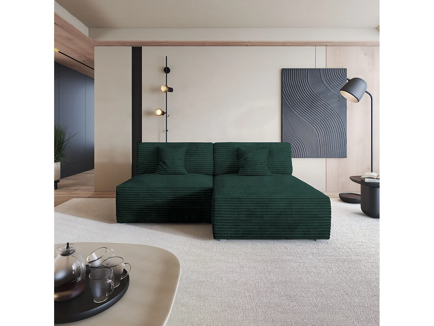 Canapé d'angle FIORO Vert Sapin en velours côtelé avec fonction de couchage