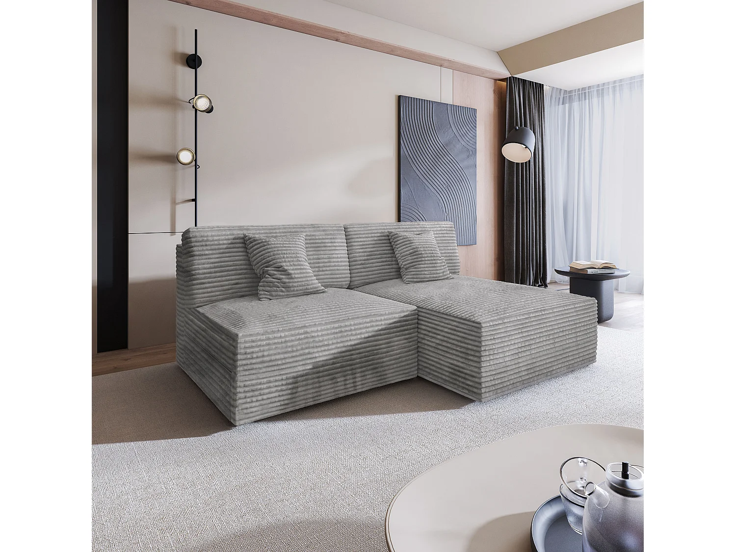 Canapé d'angle FIORO Gris clair en velours côtelé avec fonction de couchage
