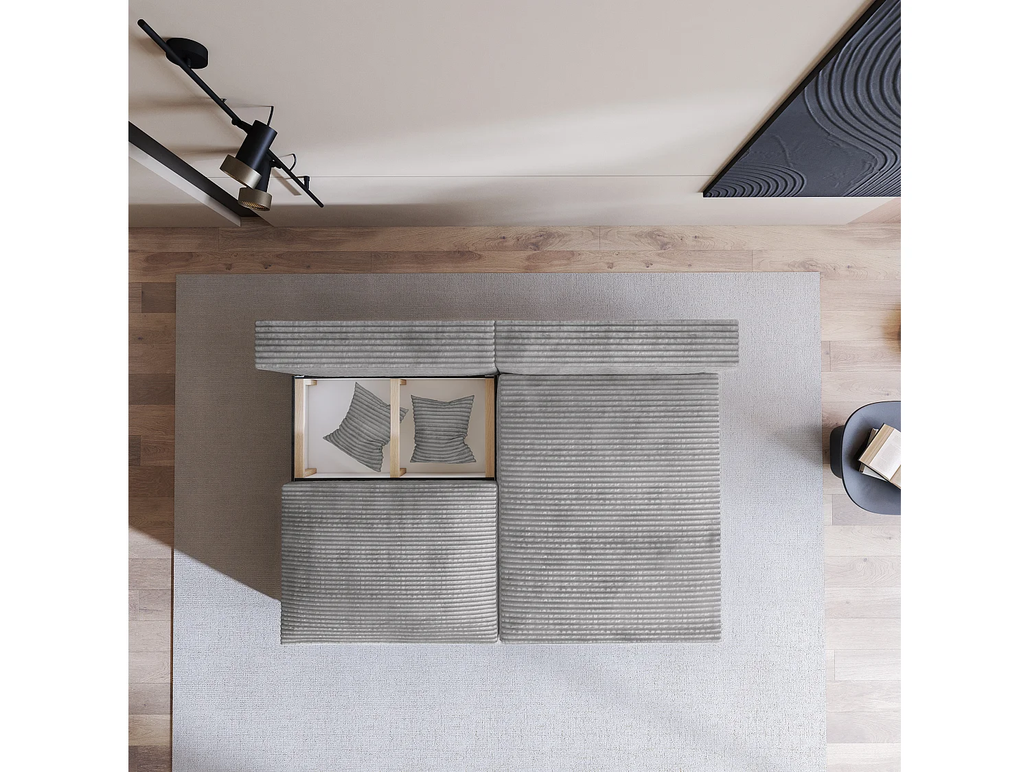 Canapé d'angle FIORO Gris clair en velours côtelé avec fonction de couchage