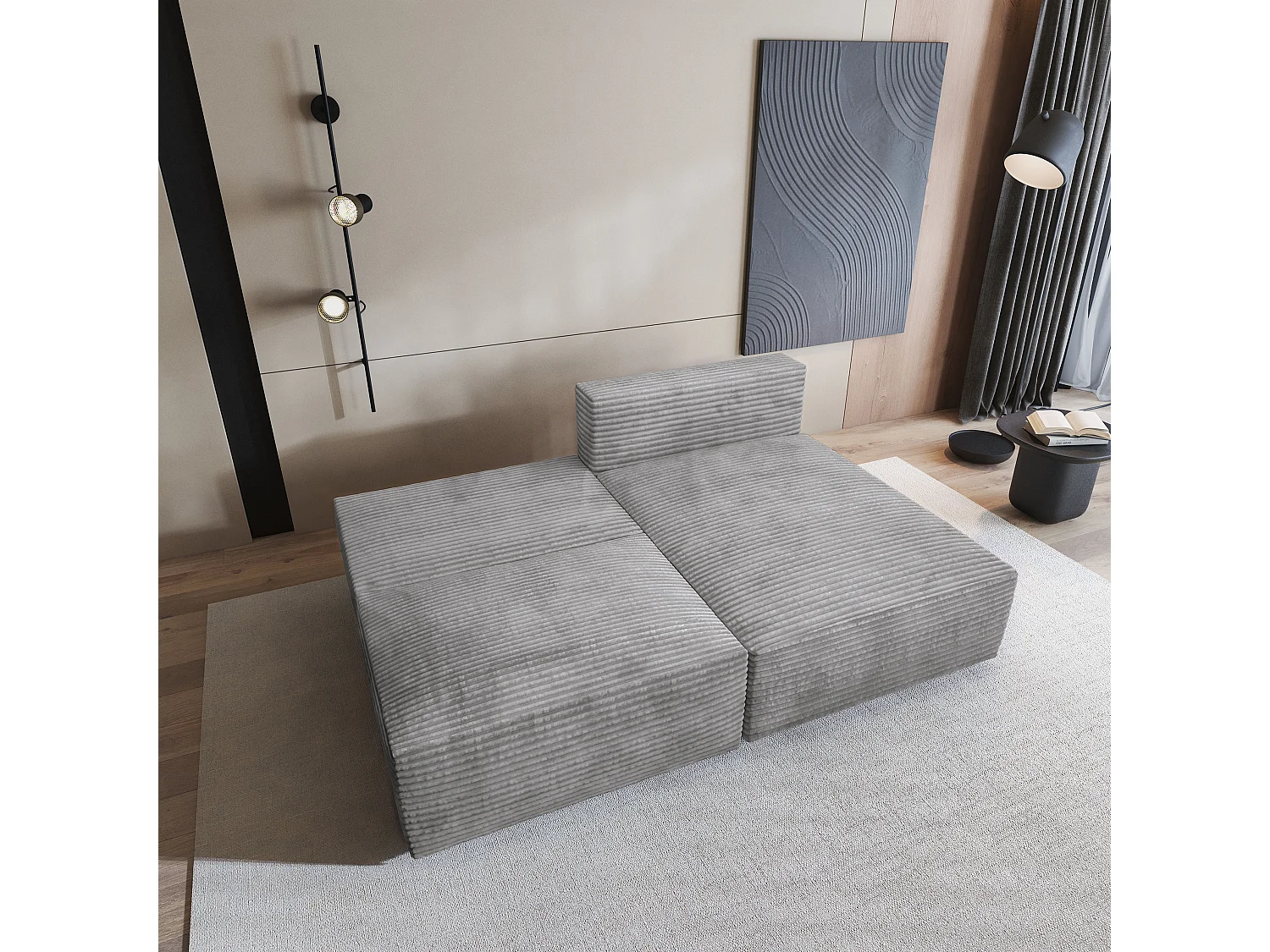 Canapé d'angle FIORO Gris clair en velours côtelé avec fonction de couchage