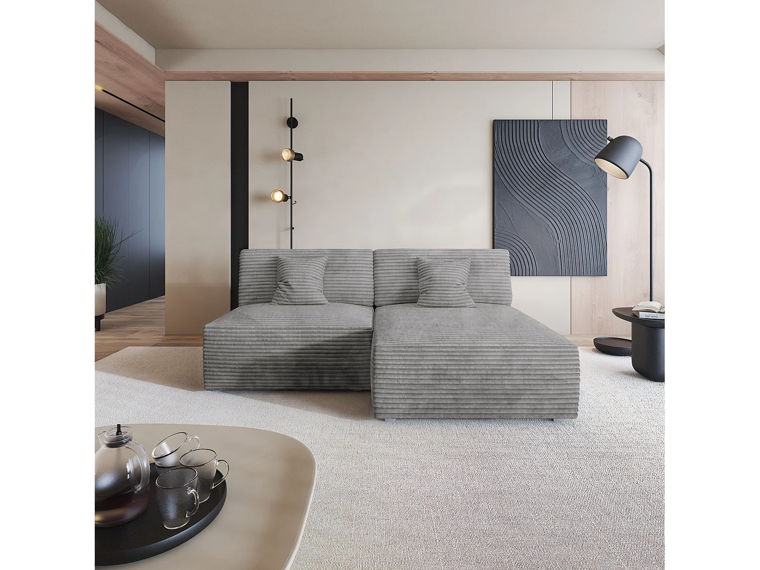 Canapé d'angle FIORO Gris clair en velours côtelé avec fonction de couchage