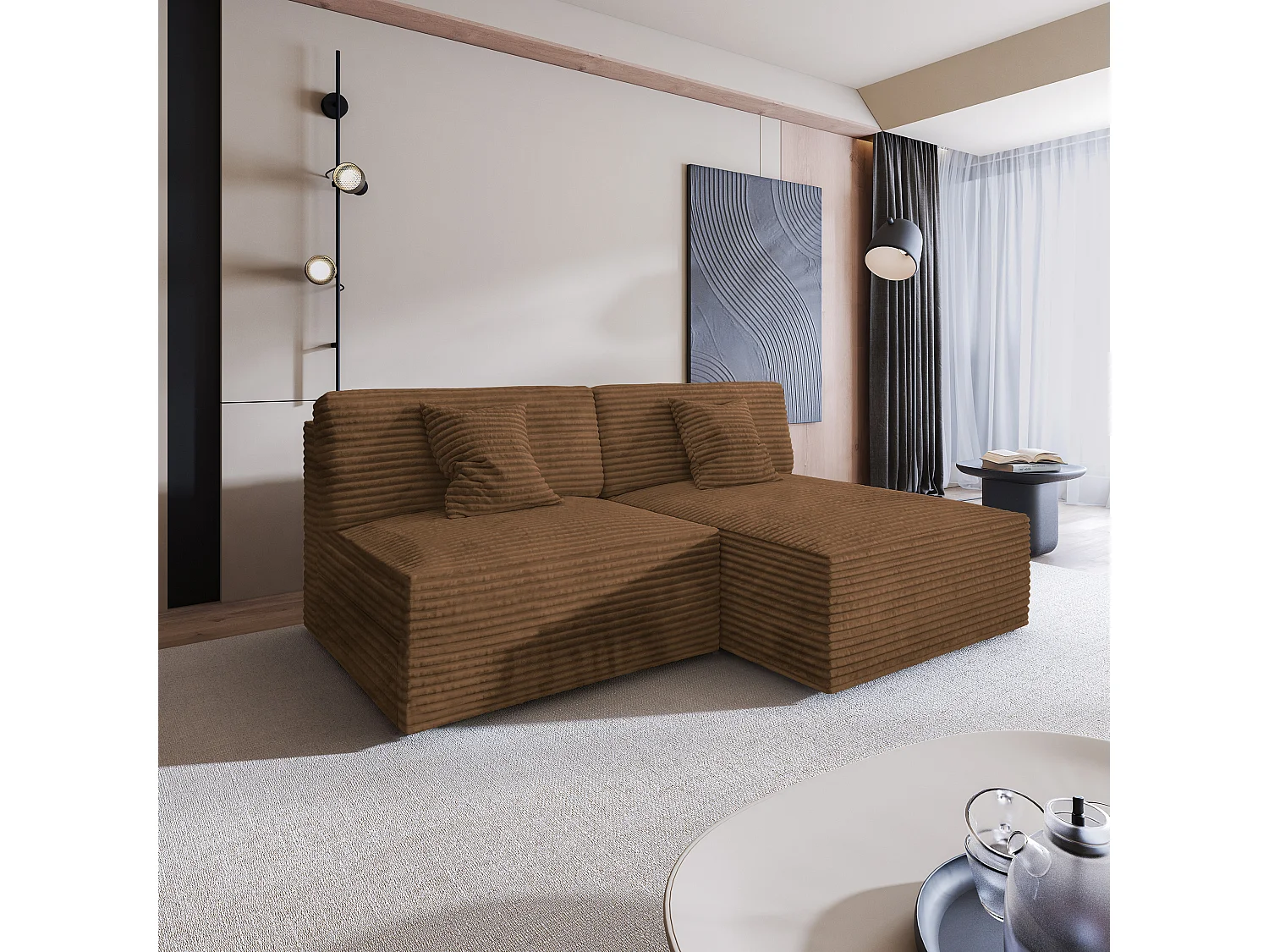 Canapé d'angle FIORO Cuivré en velours côtelé avec fonction de couchage