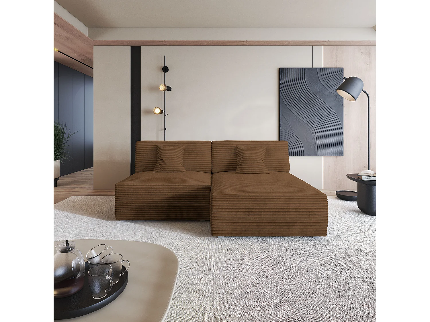 Canapé d'angle FIORO Cuivré en velours côtelé avec fonction de couchage