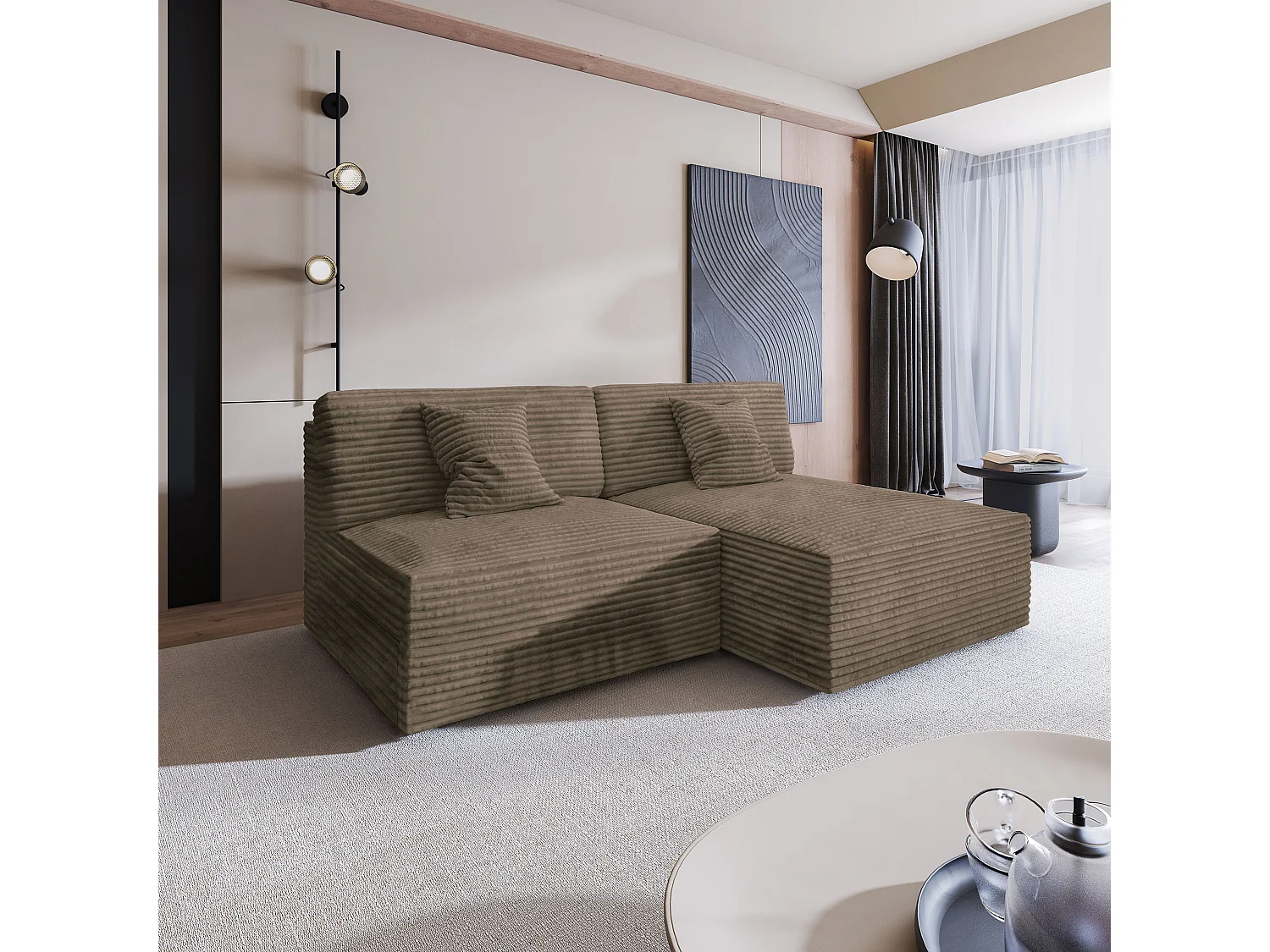 Canapé d'angle FIORO Beige en velours côtelé avec fonction de couchage