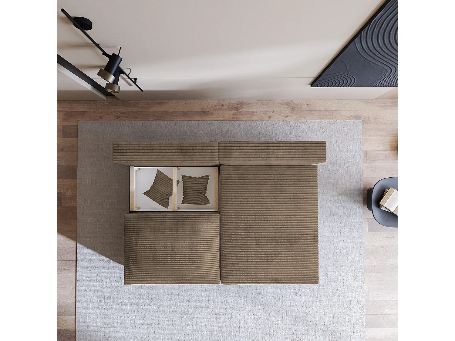 Canapé d'angle FIORO Beige en velours côtelé avec fonction de couchage