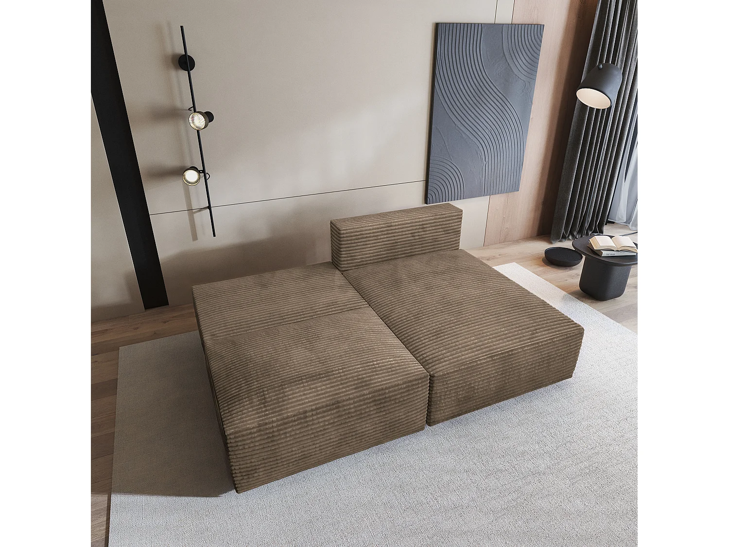 Canapé d'angle FIORO Beige en velours côtelé avec fonction de couchage