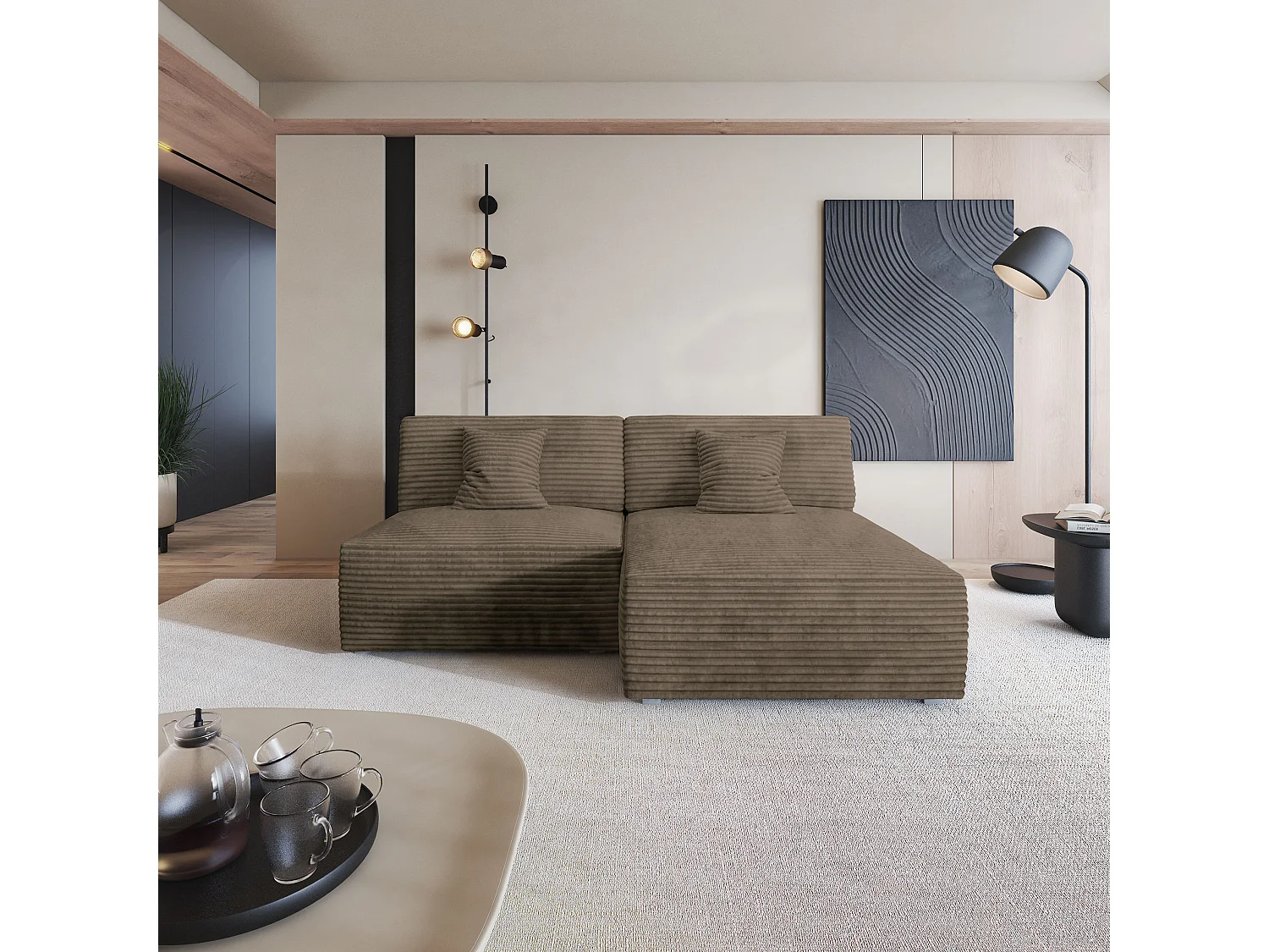 Canapé d'angle FIORO Beige en velours côtelé avec fonction de couchage