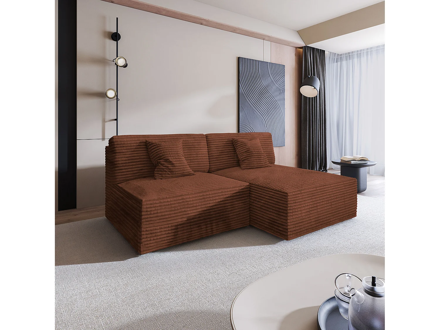 Canapé d'angle FIORO Marron en velours côtelé avec fonction de couchage