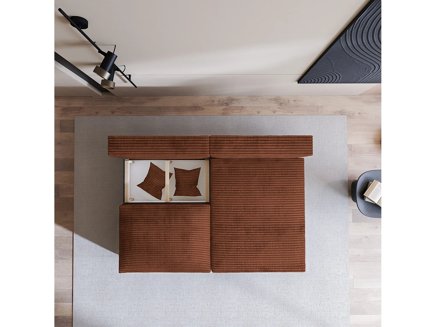 Canapé d'angle FIORO Marron en velours côtelé avec fonction de couchage