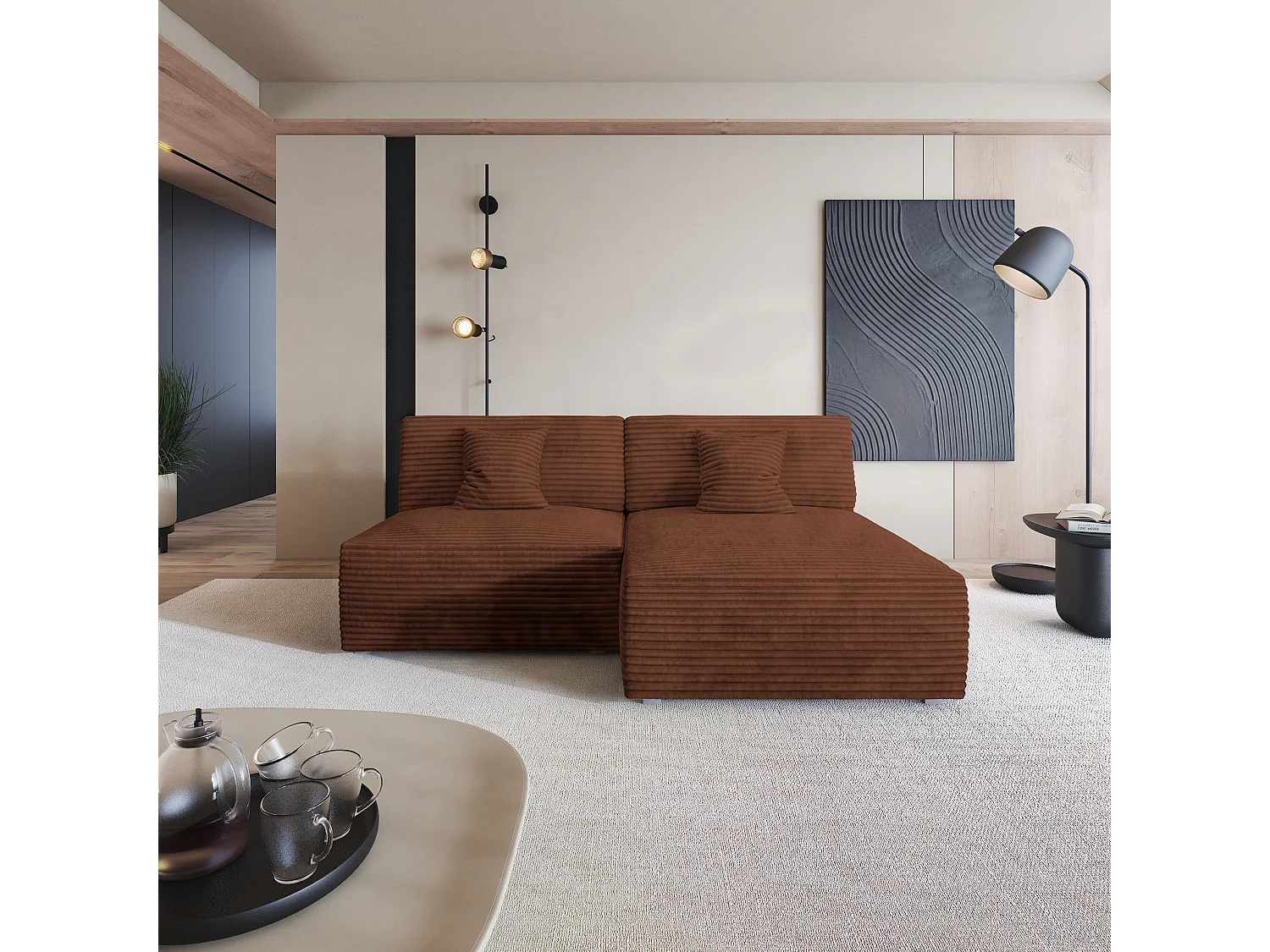 Canapé d'angle FIORO Marron en velours côtelé avec fonction de couchage