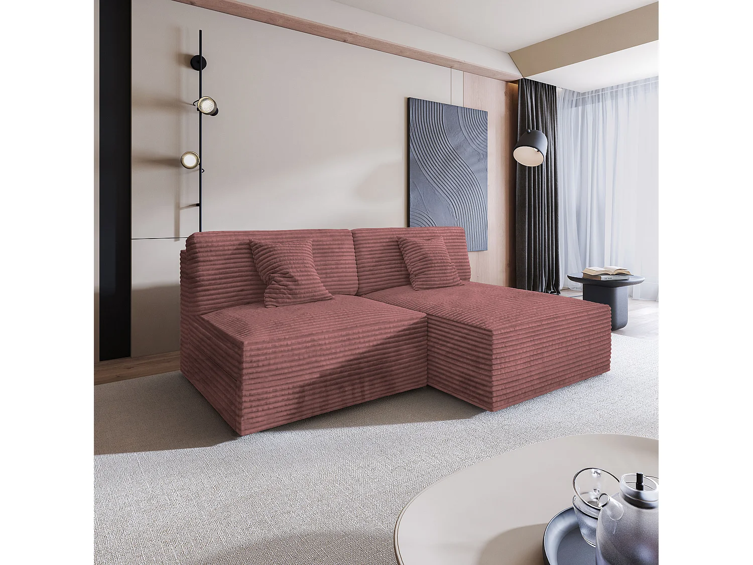 Canapé d'angle FIORO Rose en velours côtelé avec fonction de couchage