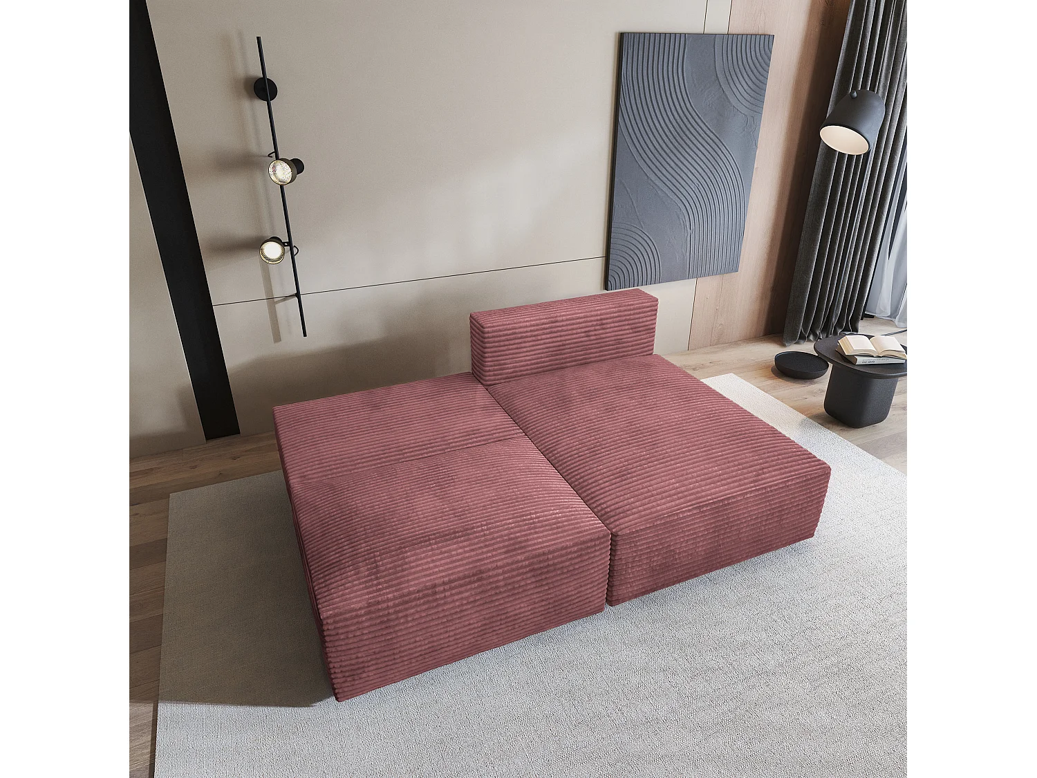 Canapé d'angle FIORO Rose en velours côtelé avec fonction de couchage