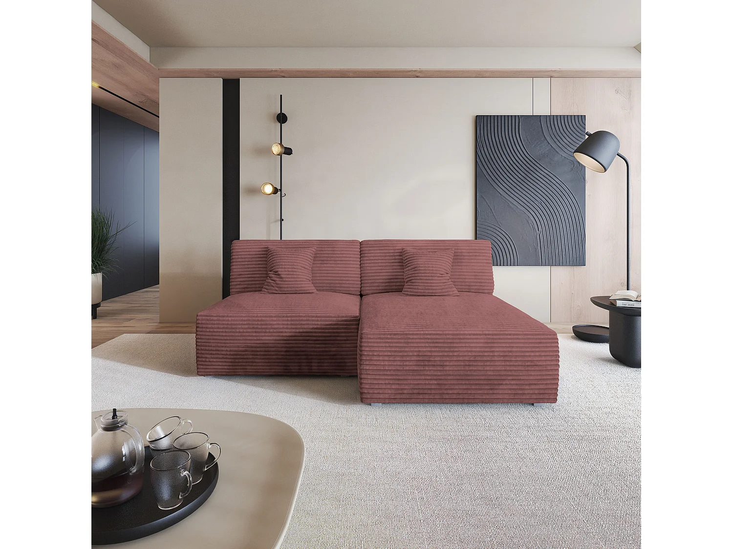 Canapé d'angle FIORO Rose en velours côtelé avec fonction de couchage