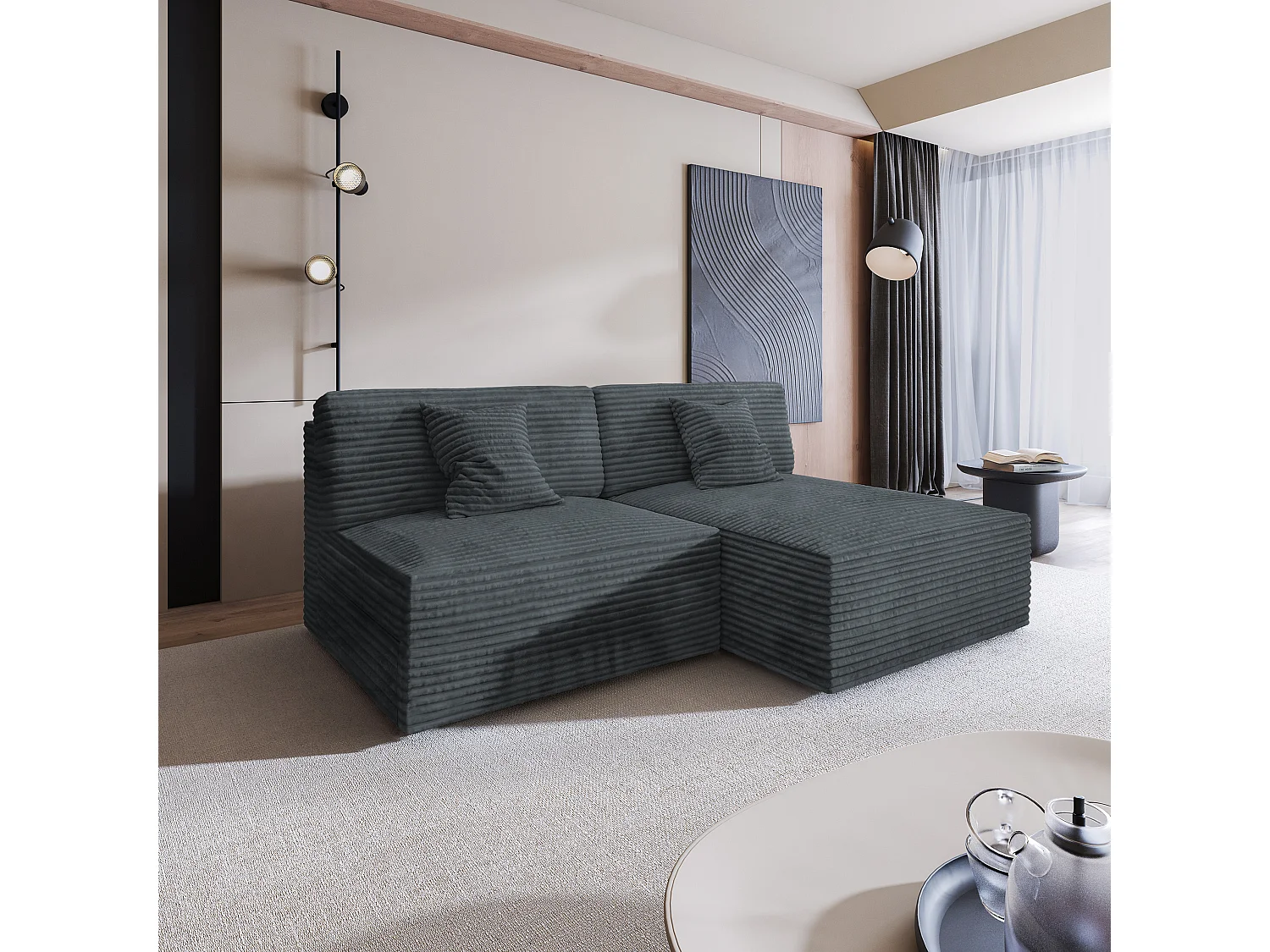 Canapé d'angle FIORO Gris en velours côtelé avec fonction de couchage