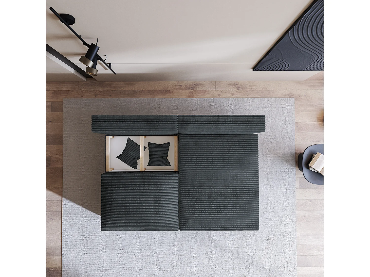 Canapé d'angle FIORO Gris en velours côtelé avec fonction de couchage