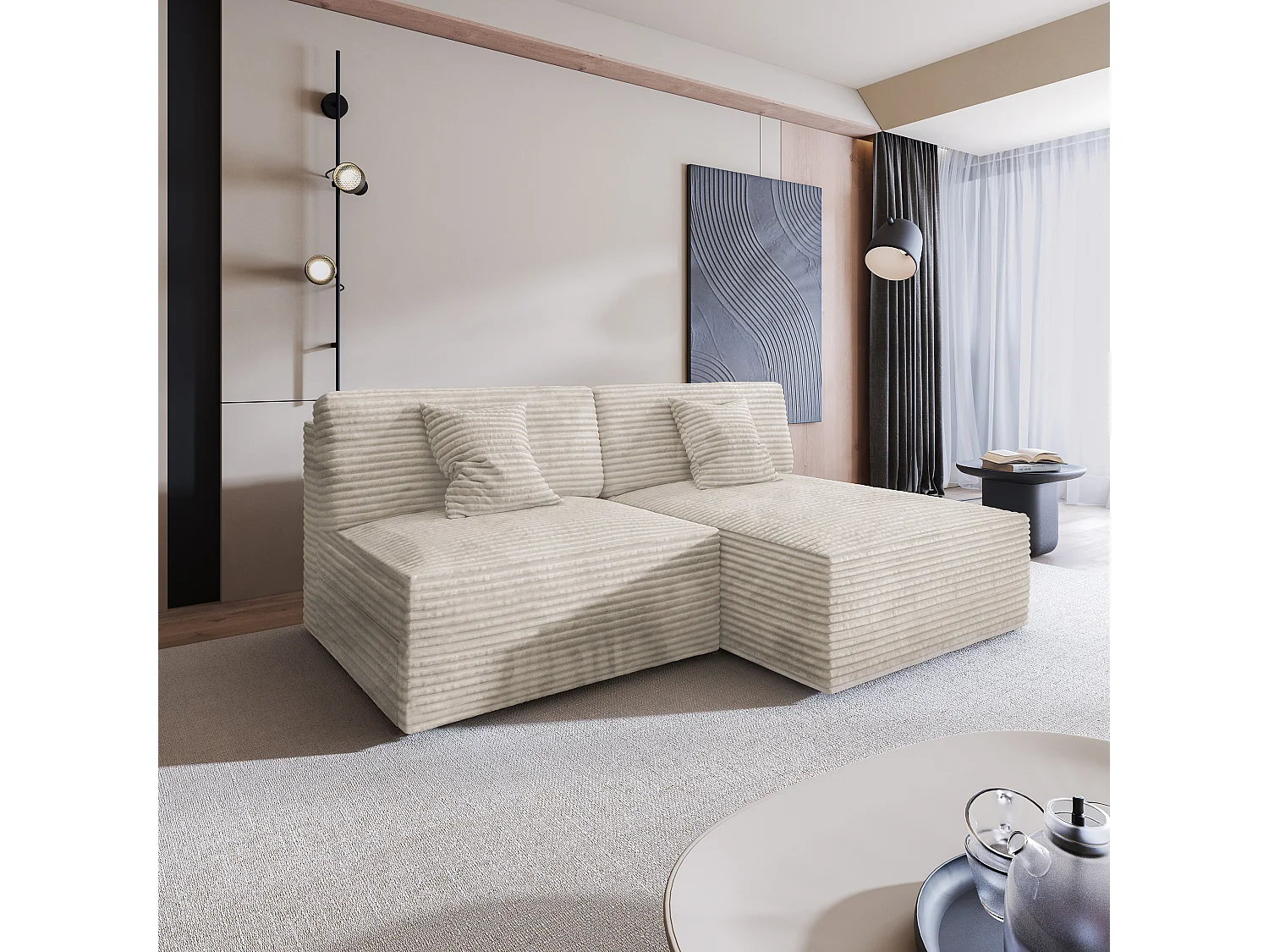 Canapé d'angle FIORO Crème en velours côtelé avec fonction de couchage