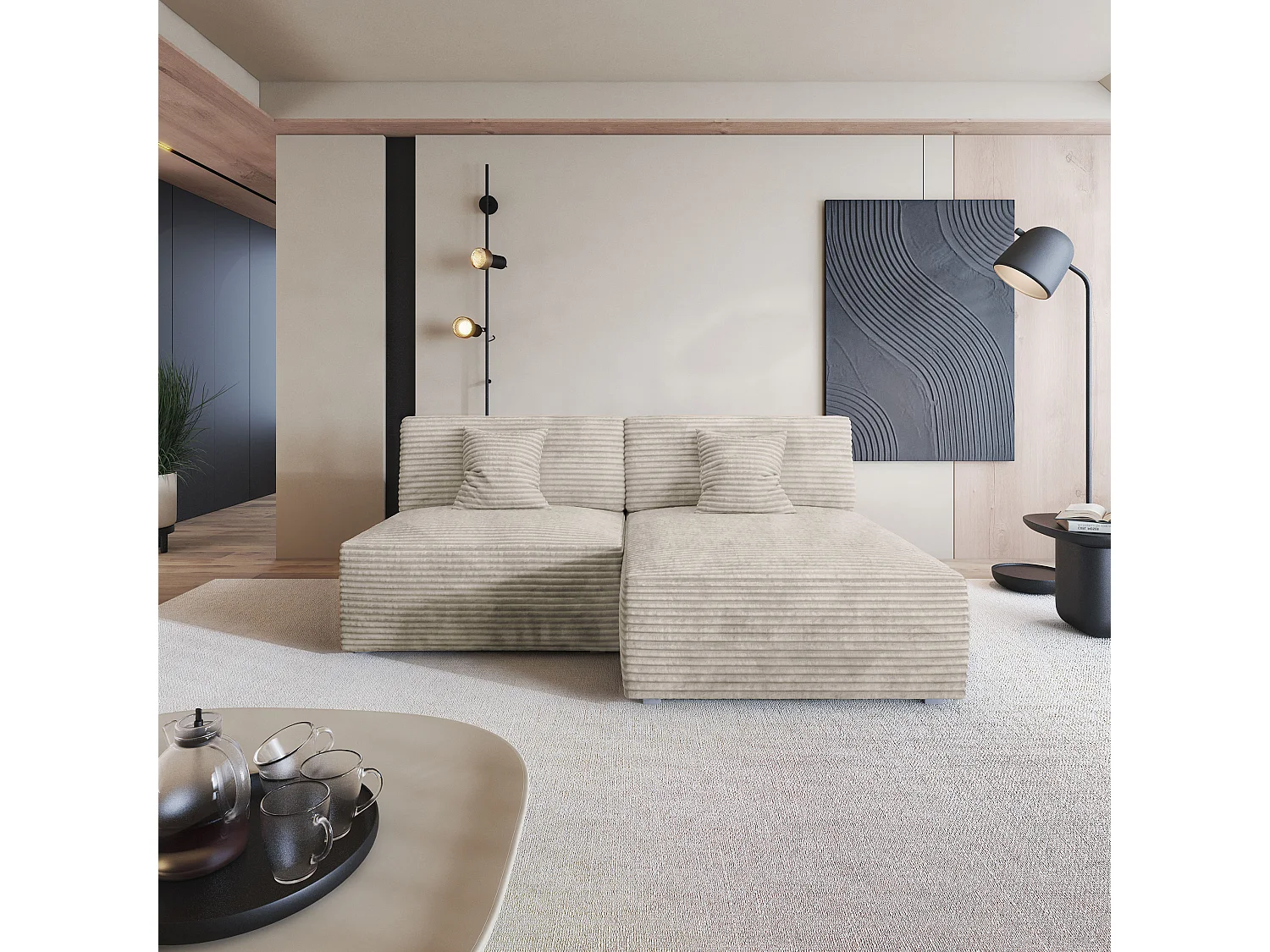 Canapé d'angle FIORO Crème en velours côtelé avec fonction de couchage